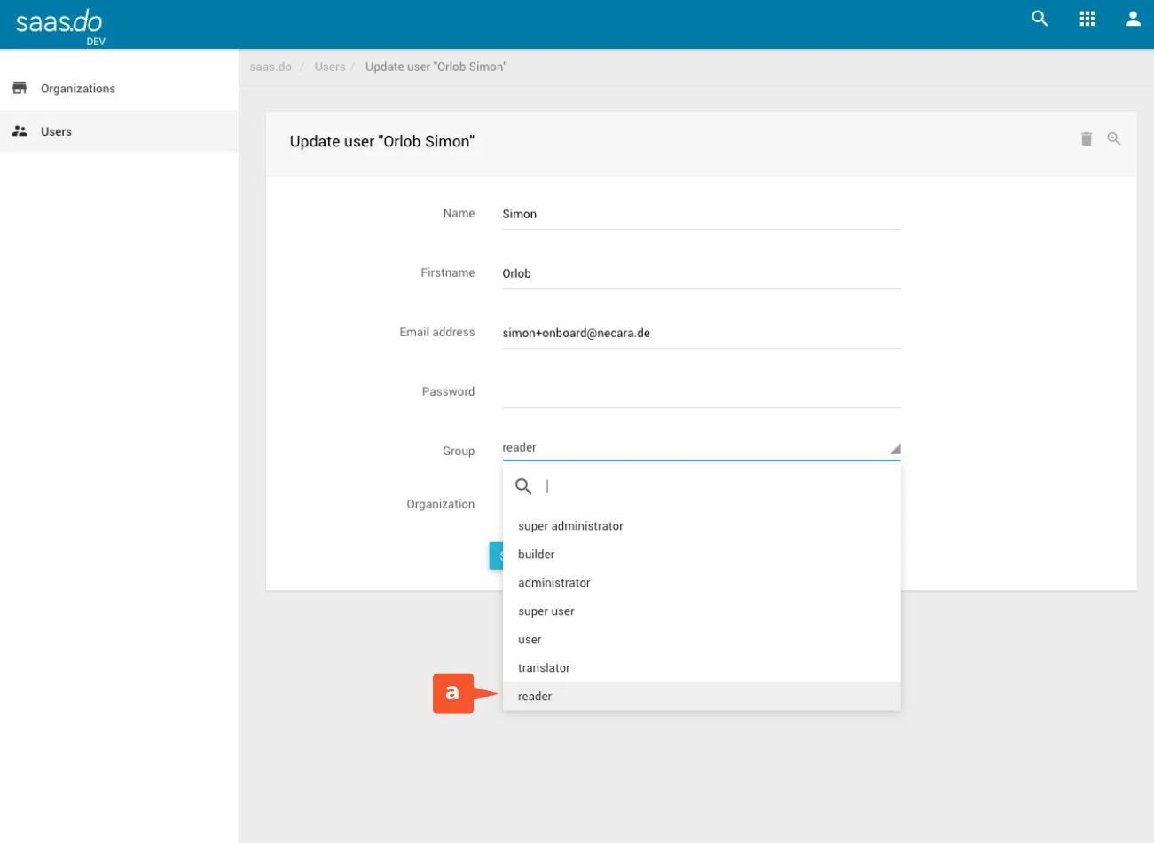 Edit-Ansicht: Gruppe Reader einstellen (Markierung b)